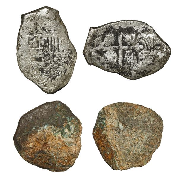 MEXICO, Mexico City, lot of two cob 4 reales "greenies" (one cleaned), Philip V, ex-Bruce Ward.