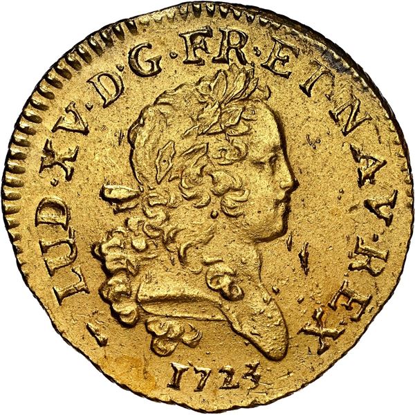 FRANCE, La Rochelle mint, gold 1 louis d'or Mirliton, Louis XV, 1723-H, NGC AU details / saltwater d