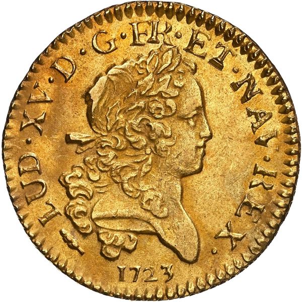 FRANCE, Amiens mint, gold 1 louis d'or Mirliton, Louis XV, 1723-X, NGC AU details / saltwater damage