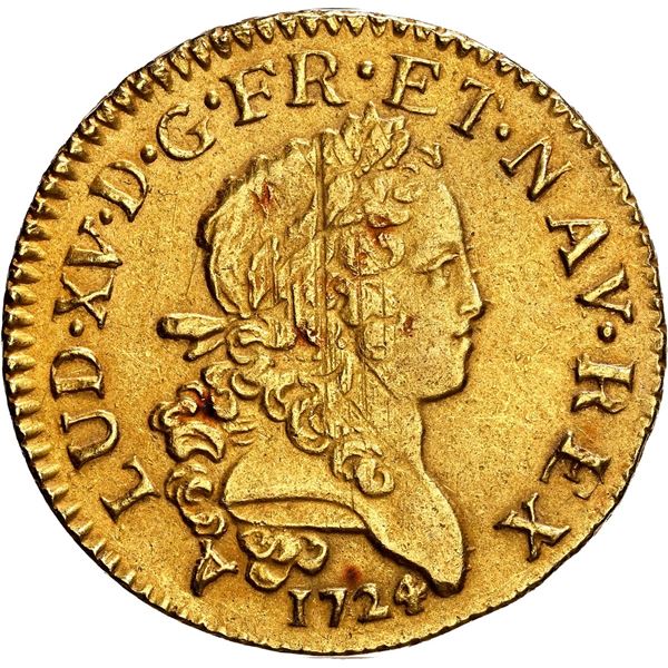 FRANCE, Limoges mint, gold 1 louis d'or Mirliton, Louis XV, 1724-I, large palms, NGC AU details / sa