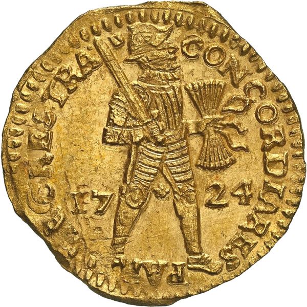 NETHERLANDS (United), Utrecht, gold ducat, 1724, NGC MS 63 (Shipwreck Blue Label).