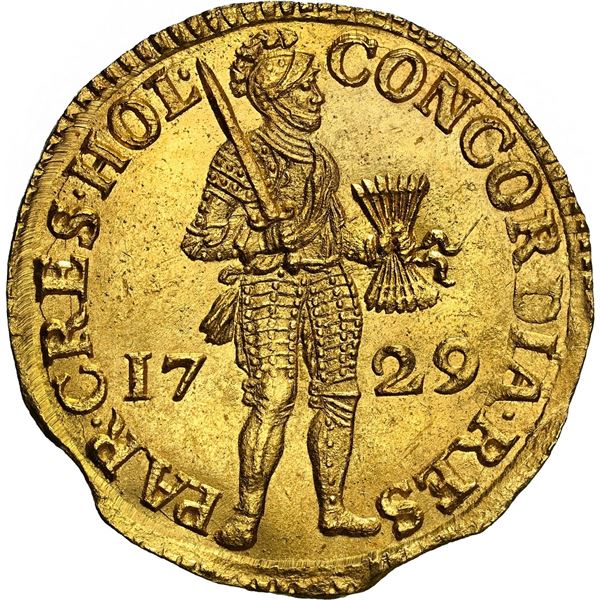 NETHERLANDS (United), Holland, gold ducat, 1729, NGC MS 67 (Shipwreck Blue Label), finest known in N