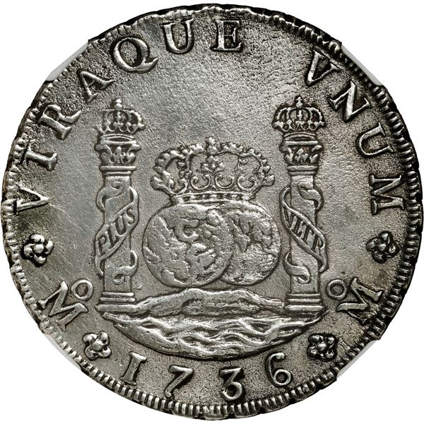 MEXICO, Mexico City, pillar 8 reales, Philip V, 1736 MF, NGC AU details / sea salvaged (Shipwreck Bl