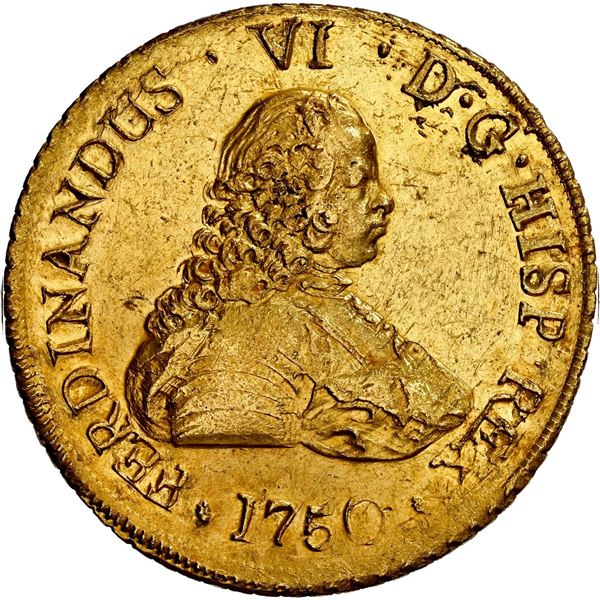 CHILE, Santiago, gold bust 8 escudos, Ferdinand VI, 1750 J, NGC UNC details / saltwater damage (Ship