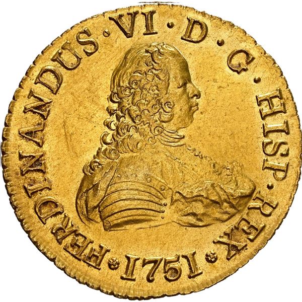 CHILE, Santiago, gold bust 8 escudos, Ferdinand VI, 1751 J, NGC UNC details / saltwater damage (Ship
