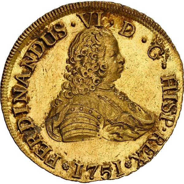 CHILE, Santiago, gold bust 8 escudos, Ferdinand VI, 1751 J.