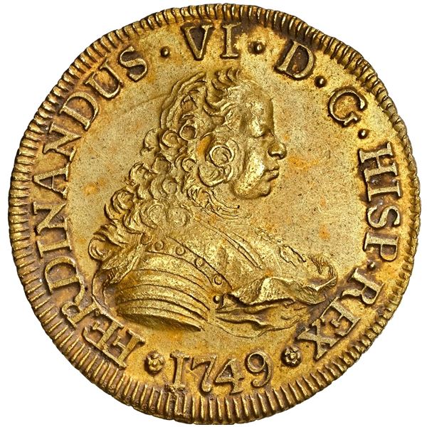 CHILE, Santiago, gold bust 4 escudos, Ferdinand VI, 1749 J, NGC UNC details / saltwater damage (Ship