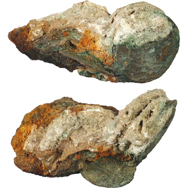 NETHERLANDS (United), Zeeland, clump of about ten copper duits, 1752, encrusted as found.