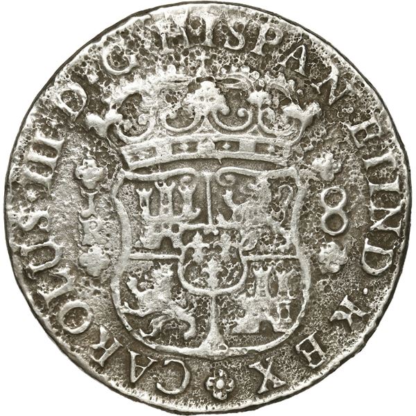BOLIVIA, Potosí, pillar 8 reales, Charles III, 1770 JR, dot after CAROLUS.