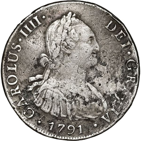 BOLIVIA, Potosí, bust 8 reales, Charles IV, 1791 PR.