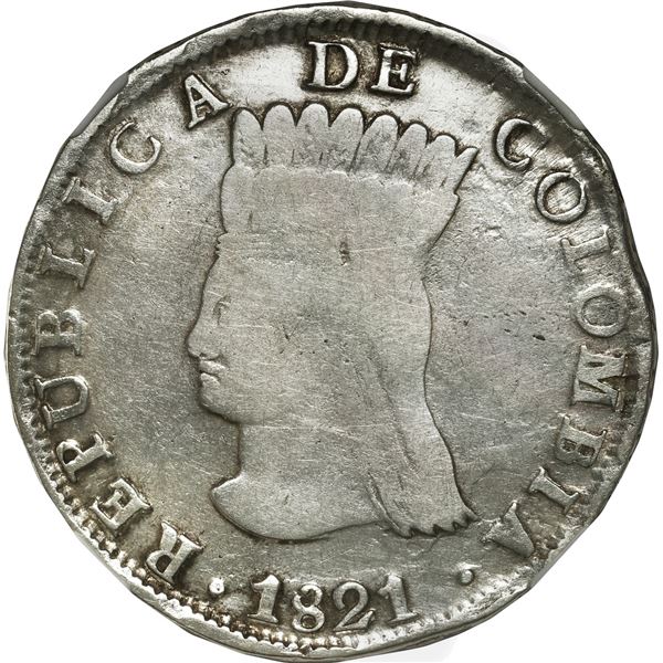 COLOMBIA, Bogotá (Cundinamarca), 8 reales, 1821 JF, mintmark BA with dots below and in front of A, N