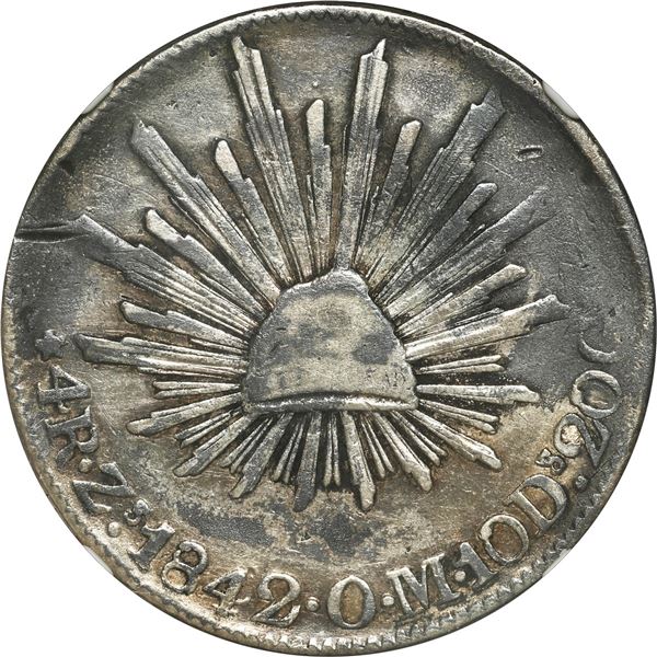 MEXICO, Zacatecas, 4 reales, 1842 OM, large letters variety, NGC Shipwreck Effect (SS Central Americ