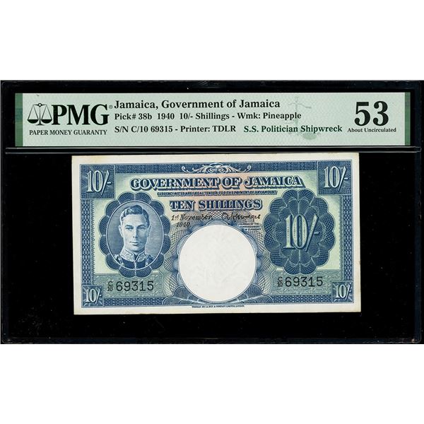 JAMAICA, Government of Jamaica, 10 shillings, 1-11-1940, serial C/10 69315, PMG AU 53 / SS Politicia
