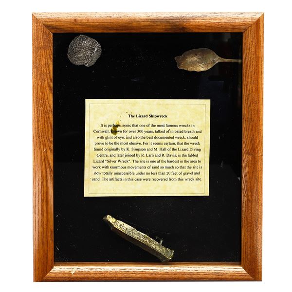 Display containing three items from the wreck: a Potosí, Bolivia, cob 8 reales, Philip III; the bowl