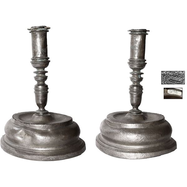 Large and intact silver candlestick holder and hollow round base, marked with crown-in-beaded-circle