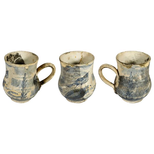 Blue-and-white glazed Delftware pitcher, intact, bird on rock motif, ex-Concepción (1641), ex-Rudman