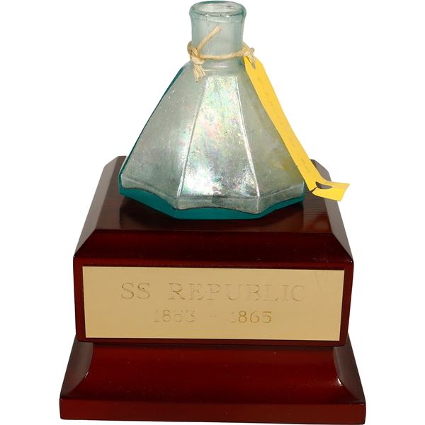 Conical paneled glass ink bottle with stand, ex-S.S. Republic (1865).