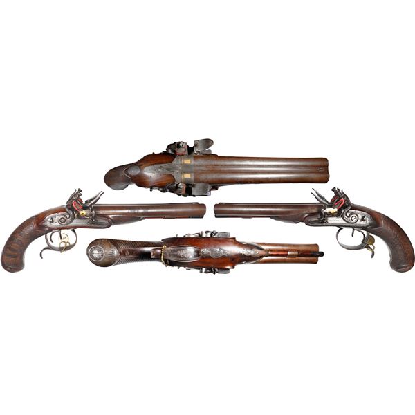 British double-barreled flintlock carriage pistol, Tatham & Egg, ca. 1801-15.
