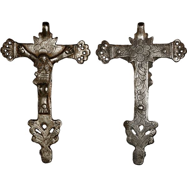 Engraved silver crucifix, Spanish colonial, 1700s.