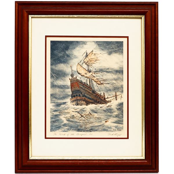 Framed, signed, color lithograph entitled "The Wreck of the Concepcion 1641" by Duke Long (1980).