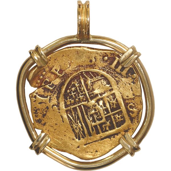 SPAIN, Seville, gold cob 2 escudos, Philip III, assayer B, mounted cross-side out in 18K gold pendan