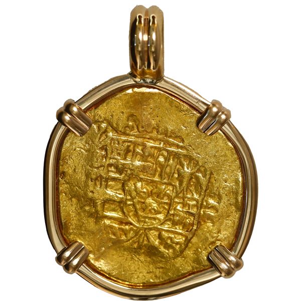 MEXICO, Mexico City, gold cob 2 escudos, 1712 (J), ex-1715 Fleet, mounted cross-side out in 14K gold