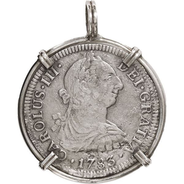 MEXICO, Mexico City, bust 2 reales, Charles III, 1783 FF, ex-Cazador (1784), mounted in silver penda
