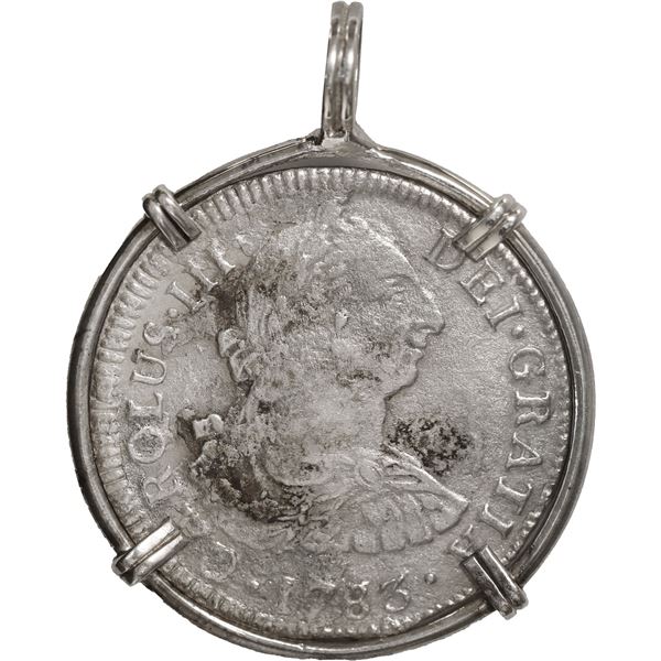 MEXICO, Mexico City, bust 2 reales, Charles III, 1783 FF, ex-Cazador (1784), mounted in silver penda