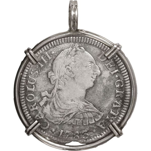 MEXICO, Mexico City, bust 2 reales, Charles III, 1783 FF, ex-Cazador (1784), mounted in silver penda