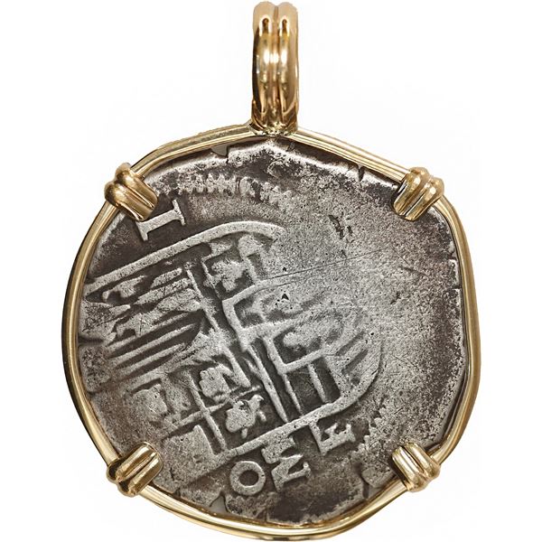MEXICO, Mexico City, cob 1 real, Philip III, assayer F, mounted cross-side out in 14K pendant with f