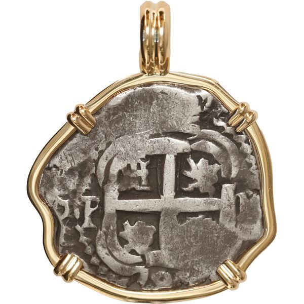 BOLIVIA, Potosí, cob 2 reales, 1731 M, mounted cross-side out in 14K pendant with fixed bail.