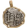 Image 2 : BOLIVIA, Potosí, cob 2 reales, 1731 M, mounted cross-side out in 14K pendant with fixed bail.