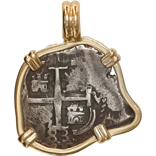BOLIVIA, Potosí, cob 1 real, 1683 V, mounted cross-side out in 14K pendant with fixed bail.