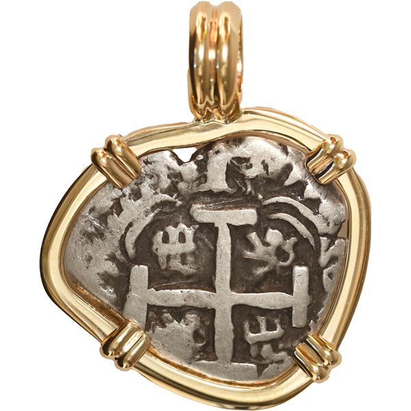 BOLIVIA, Potosí, cob 1 real, 1747 q, mounted cross-side out in 14K pendant with fixed bail.