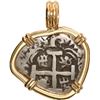 Image 1 : BOLIVIA, Potosí, cob 1 real, 1747 q, mounted cross-side out in 14K pendant with fixed bail.