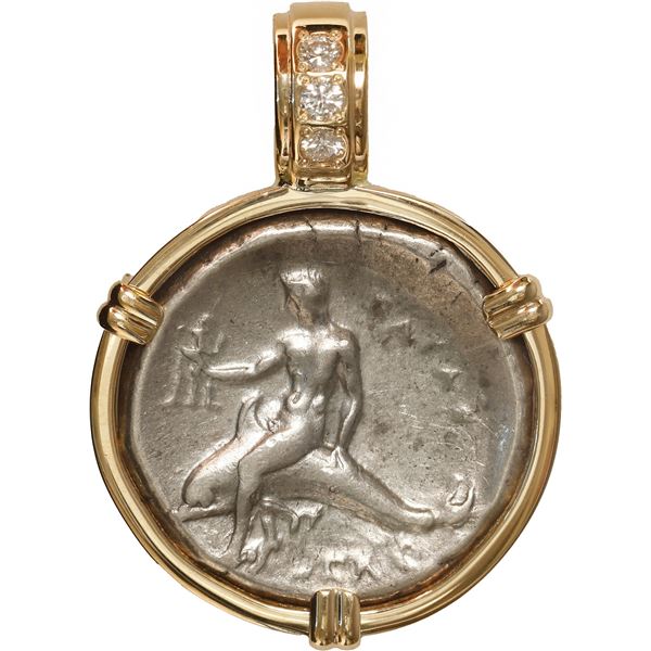 ANCIENT GREEK, Calabria, Taras, AR didrachm, ca. 302-280 BC, mounted boy-on-dolphin-side out in 14K 