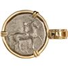 Image 2 : ANCIENT GREEK, Calabria, Taras, AR didrachm, ca. 302-280 BC, mounted boy-on-dolphin-side out in 14K 