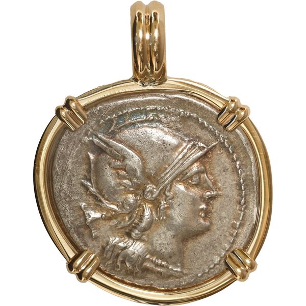 ANCIENT ROMAN, Roman Republic, AR denarius, Anonymous, after 211 BC, mounted in 14K gold bezel with