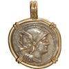 Image 1 : ANCIENT ROMAN, Roman Republic, AR denarius, Anonymous, after 211 BC, mounted in 14K gold bezel with