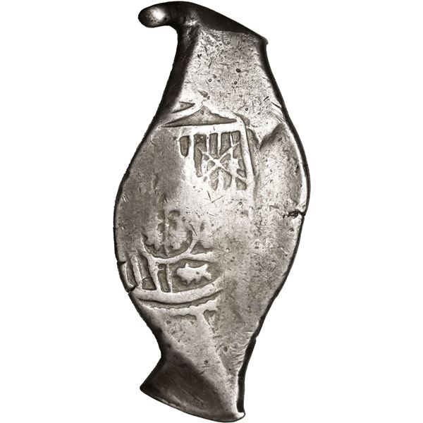 MEXICO, Mexico City, cob 8 reales, Charles II, assayer not visible, odd, long urn shape.