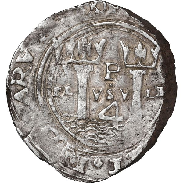 PERU, Lima, 4 reales, Philip II, assayer R (Rincón) to left, motto PL-VSV-LT.