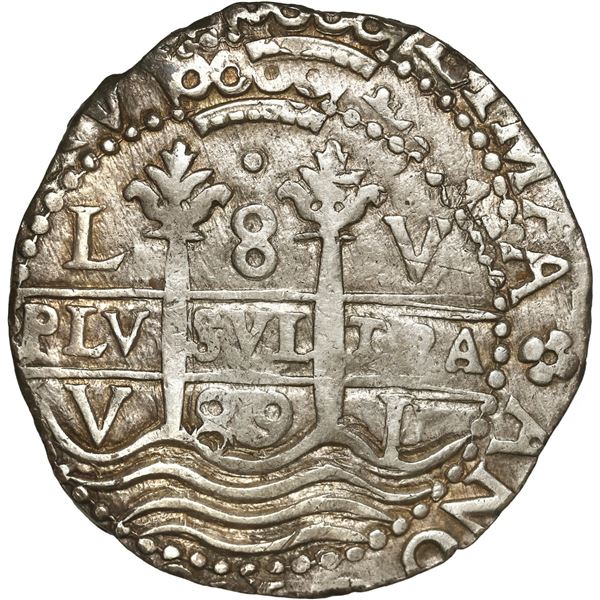 PERU, Lima, cob 8 reales Royal (galano), 1689 V, single dot at top, very rare, NGC XF 45.