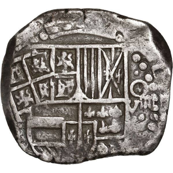 BOLIVIA, Potosí, cob 8 reales, Philip IV, assayer T (late 1620s), "hunched over" lions.