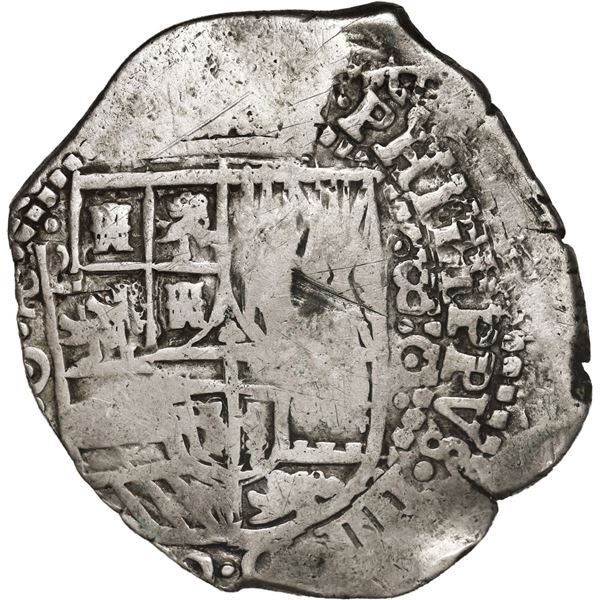 BOLIVIA, Potosí, cob 8 reales, 1651 O, with crowned-o (lower case) countermark on cross, rare.