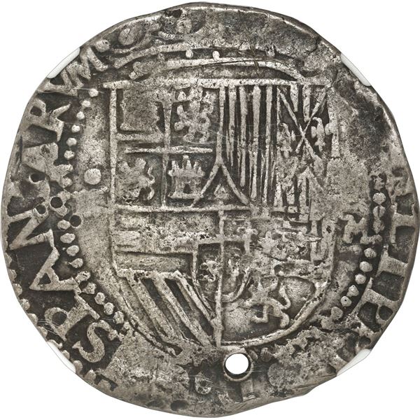 BOLIVIA, Potosí, cob 4 reales, Philip II, assayer M (small) to right, rare, NGC VF details / holed.