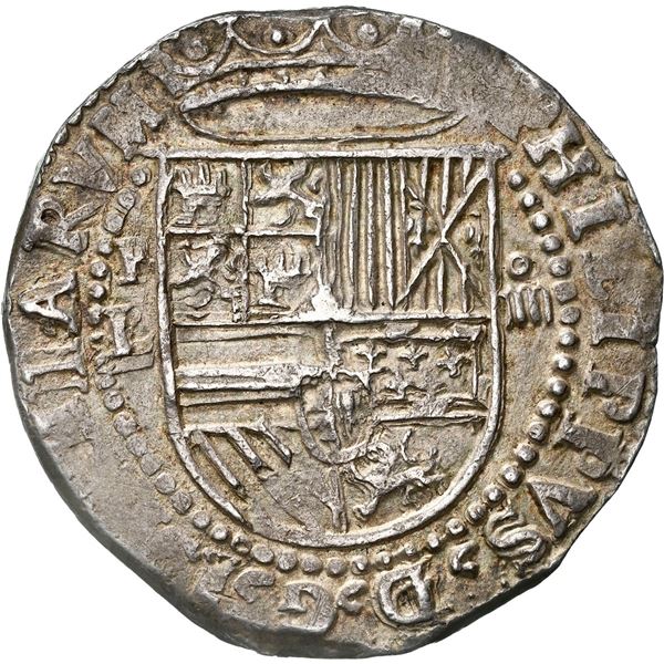BOLIVIA, Potosí, cob 4 reales, Philip II, assayer L (1st period) below mintmark P to left, NGC AU de