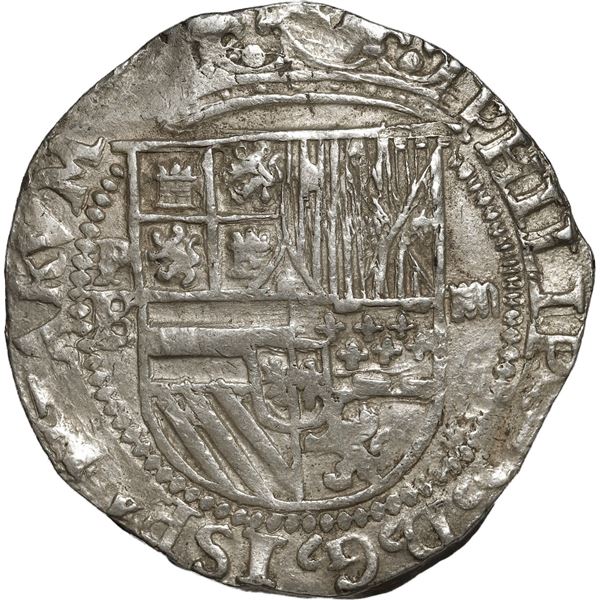 BOLIVIA, Potosí, cob 4 reales, Philip II, assayer B (1st period), "flat" lions, ISPANIARVM without H