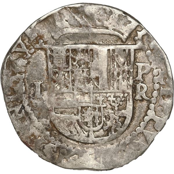 BOLIVIA, Potosí, cob 1 real, Philip II, assayer R (Rincón) to right.