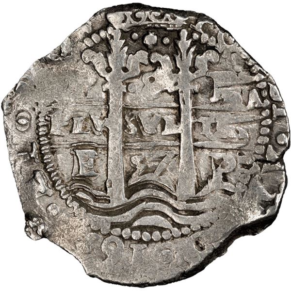 BOLIVIA, Potosí, cob 8 reales, 1657 E, no PH, pomegranate at top on both sides, PCGS XF40.