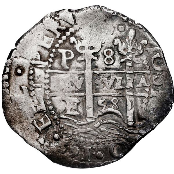 BOLIVIA, Potosí, cob 8 reales, 1658 E, pomegranate at top on both sides, PCGS XF40, ex-Rutherford.